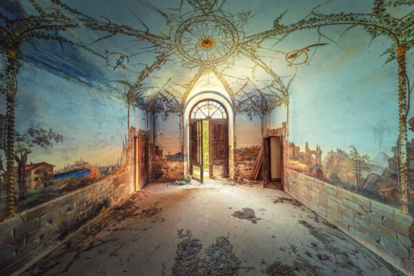 lobby of a small villa with beautiful ceiling painting -