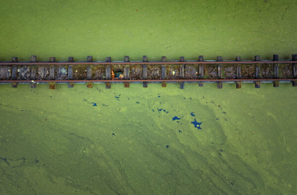 abandoned rails over a lake -