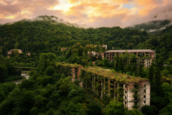 Aerial view of a section of an abandoned city in Abkhazia -