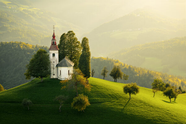 i take this picture from this tiny church in the Slovenian Alps at sunset. -