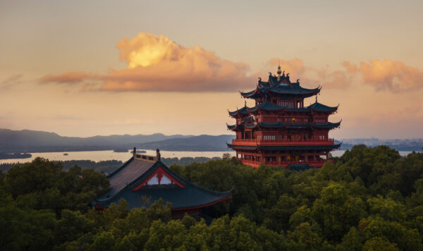 Chenghuang Pavilion (or City God pavilion) is located on a hill in Hangzhou with a beautiful view over the West Lake. -