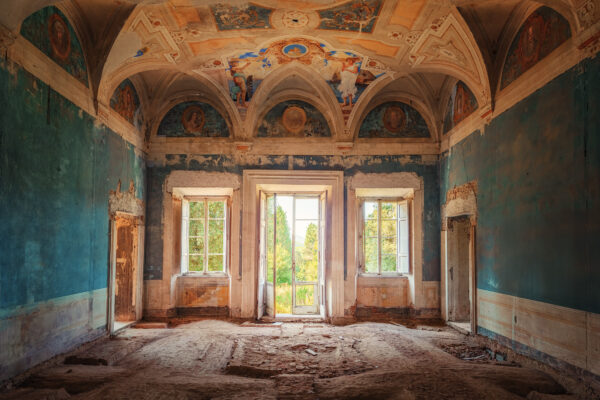 ..a small villa in southern Europe with a wonderful ceiling painting, embedded in a dreamlike landscape -