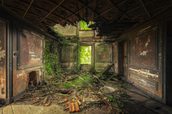 a room inside an abandoned villa in western europe. -