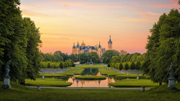 Sunset at the Schwerin palace, Germany. -