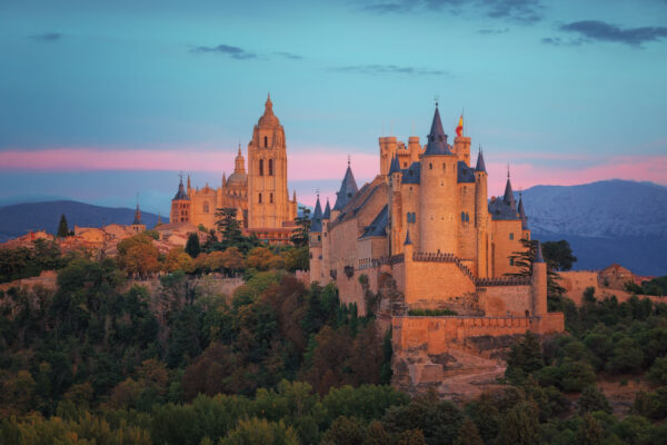 sunset with a amazing view to the alcazar and the cathedral of Segovia / Spain -
