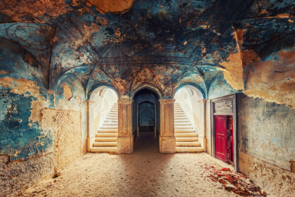 entrance hall of an abandoned mansion -