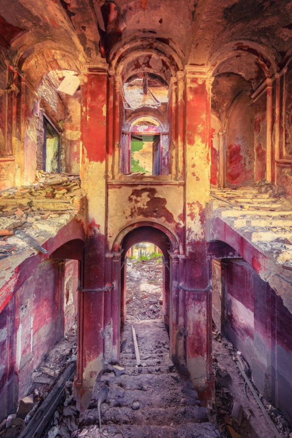 colorful staircase in an abandoned villa -