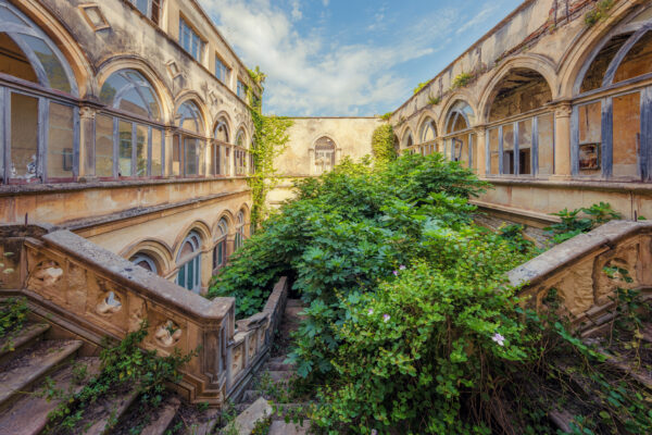 In the middle of the vibrant life of a southern European city, a secret garden slowly devours the abandoned building. -