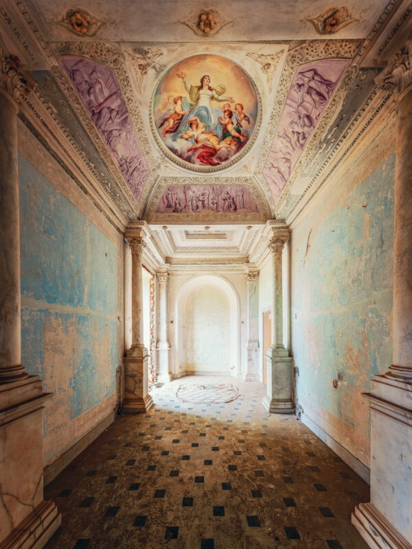 corridor in an abandoned palace somewhere in europe -