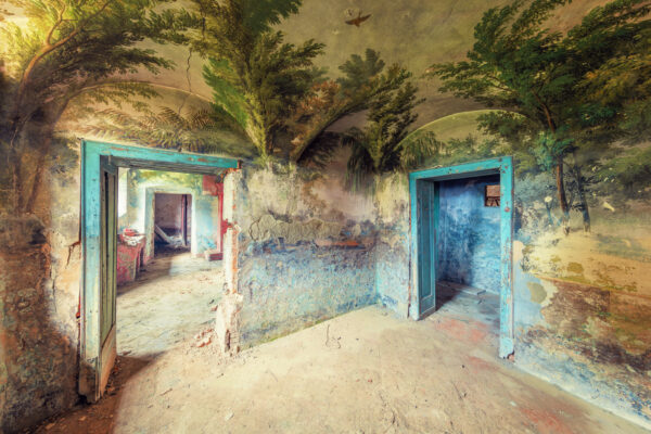 beautiful ceiling painting in an abondoned palace. -