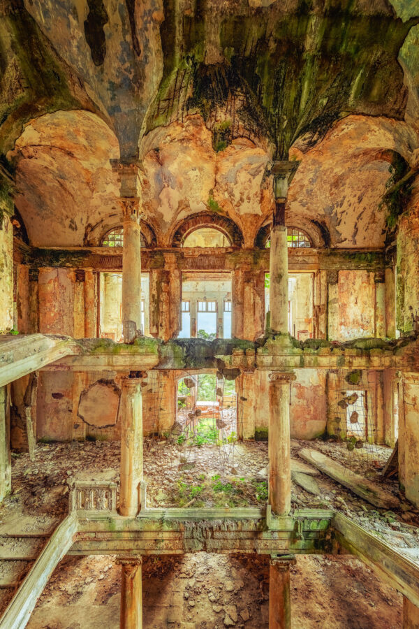 a staircase in an abandoned and derelicted sanatorium in Abkhazia -