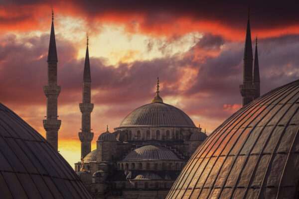 view from the Hagia Sophia to the Sultan Ahmed Mosque in Istanbul, Turkey -