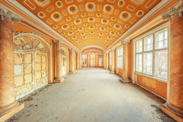 the impressive lobby of a derelict theatre -