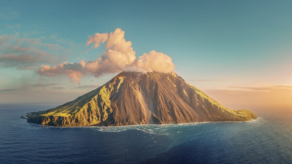 The island of Stromboli in the evening light, seen from the sea.